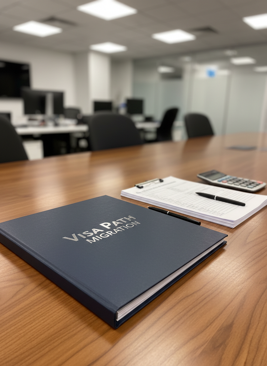 A close-up of a premium dark-navy embossed folder titled “Visa Path Migration” in silver foil lettering, resting on a refined oak meeting table. Next to it, a neatly stacked set of Australian visa checklists printed on crisp white paper is secured with a stainless-steel clip, alongside a slimline calculator and a fine-tipped pen. Soft, warm conference room lighting falls from above, creating a gentle sheen on the metallic lettering and subtle shadows along the paper edges. Captured at a low, side-on angle with shallow depth of field, the folder’s title is in razor-sharp focus while the background fades into a softly blurred professional office setting. The mood is trustworthy, established, and methodical, with photographic realism and a polished corporate aesthetic.