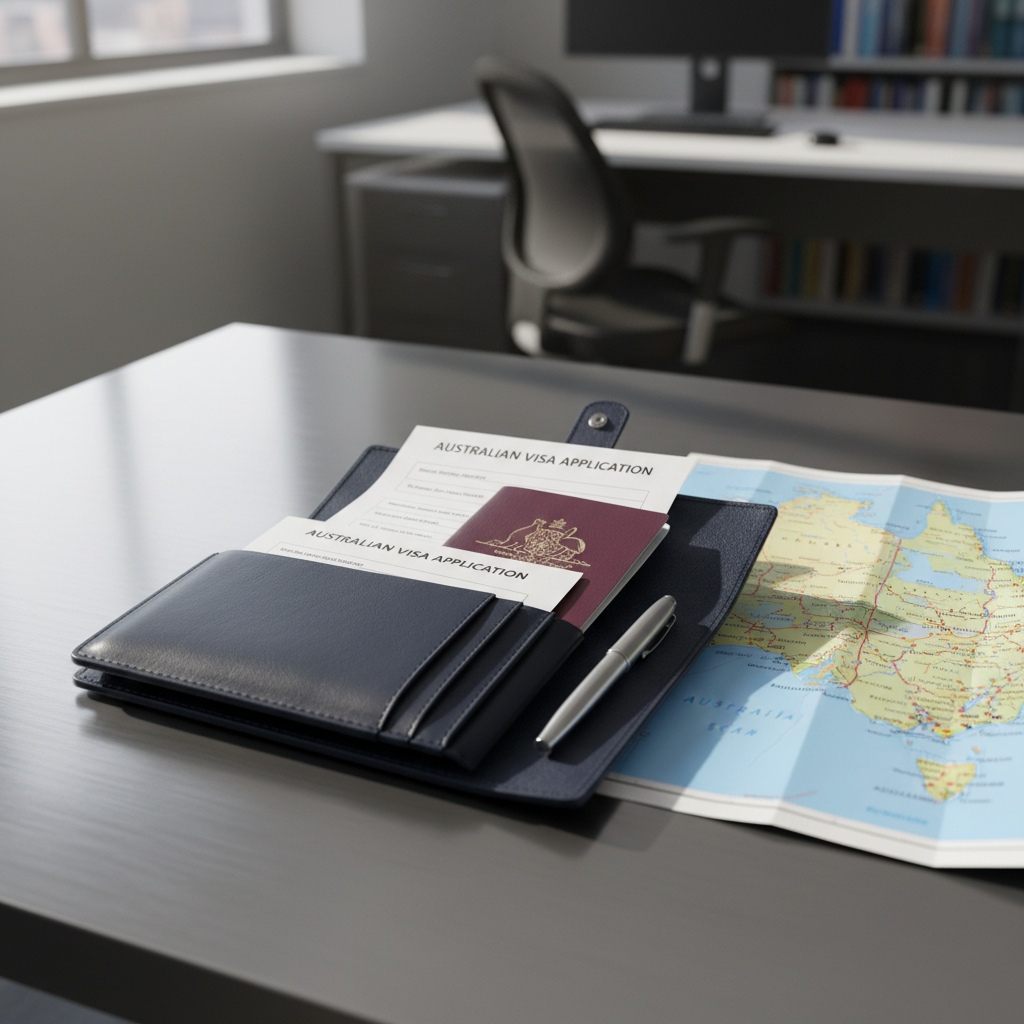 A sleek navy-blue leather travel document wallet lying open on a brushed aluminum desk, revealing neatly organized Australian visa forms, a biometric passport, and a slim silver pen. Beside it, a detailed map of Australia is partially unfolded, with major cities clearly visible. Soft afternoon daylight filters through a nearby office window, creating clean, linear reflections on the metal surface and gentle shadows under the wallet’s edges. Shot at eye level with a slight diagonal composition and shallow depth of field, the background fades into a softly blurred professional office interior. The mood is calm, organized, and reassuring, with photographic realism and a clean, modern aesthetic that suggests a clear pathway to Australia.