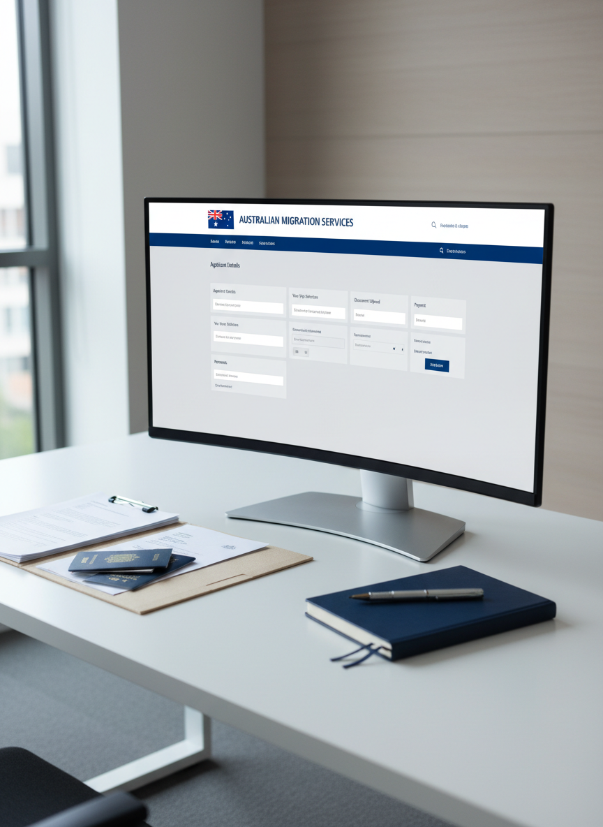 A pristine white desktop in a contemporary office, featuring a large, ultrawide monitor displaying a professional migration application portal with clearly visible Australian flag elements and structured form sections. A navy-blue notebook, a fine-point metallic pen, and an open folder with neatly clipped supporting documents are arranged with deliberate symmetry. Cool, indirect daylight from a side window casts even illumination, minimizing shadows and emphasizing the clarity of the screen. Shot from a slightly elevated, three-quarter angle with sharp focus and balanced framing, the background gently blurs into a neutral-toned office wall with subtle texture. The mood is confident and efficient, with photographic realism and a clean, digital-forward aesthetic that conveys a streamlined, trustworthy online visa process.