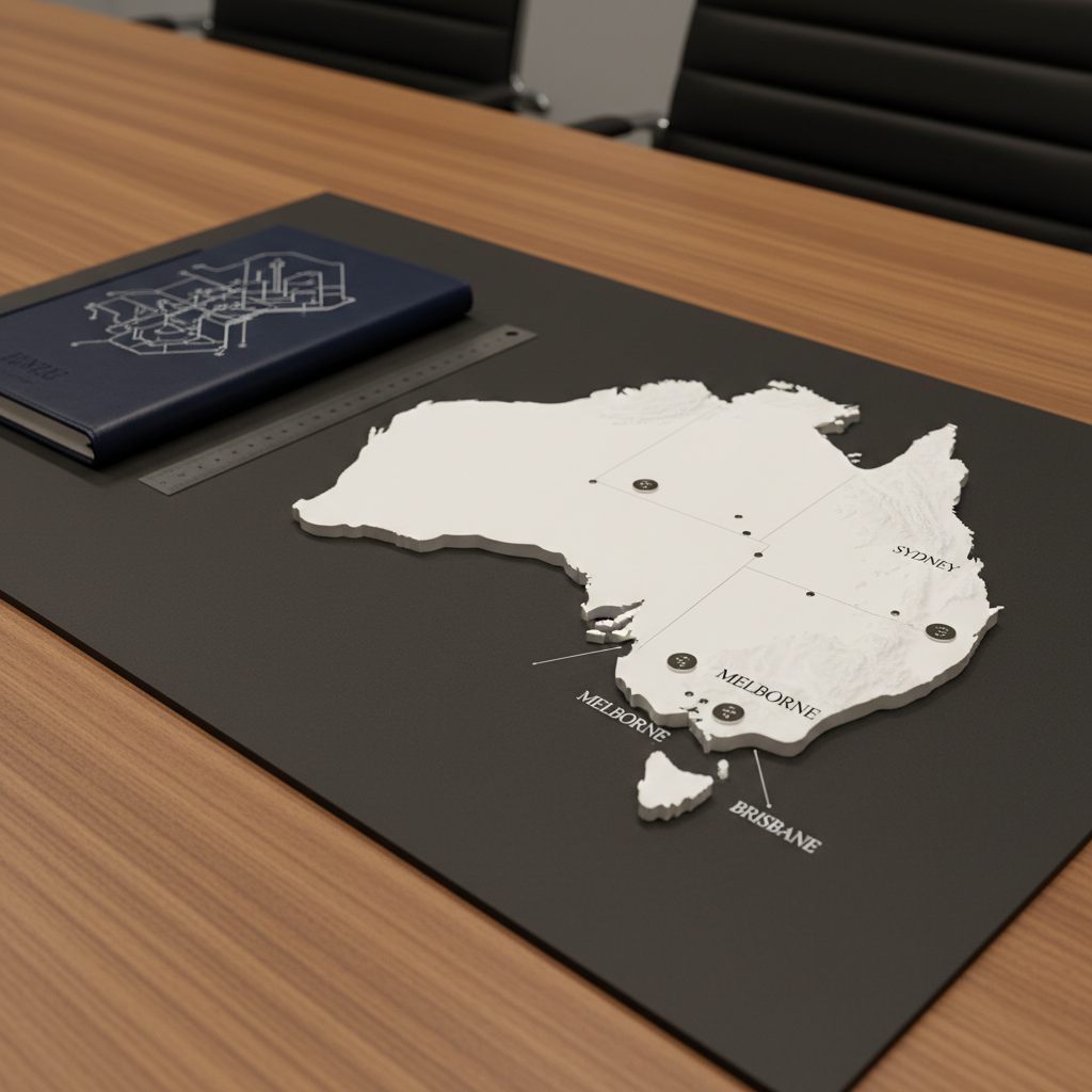 A detailed three-dimensional architectural-style model of Australia’s map crafted from smooth white acrylic, raised slightly from a dark charcoal matte board. Tiny metallic markers highlight major cities such as Sydney, Melbourne, and Brisbane, each labeled with small, precise typography. The model rests on a refined wooden conference table with a subtle grain, accompanied by a slim navy notebook and a stainless-steel ruler. Warm, controlled overhead lighting creates soft gradients across the white surfaces and gentle, precise shadows around the map’s contours. Photographed from a slightly elevated angle with a shallow depth of field, the focus centers on the eastern coastline. The mood is strategic and aspirational, with photographic realism and a modern, high-end business aesthetic that suggests careful planning of migration pathways.