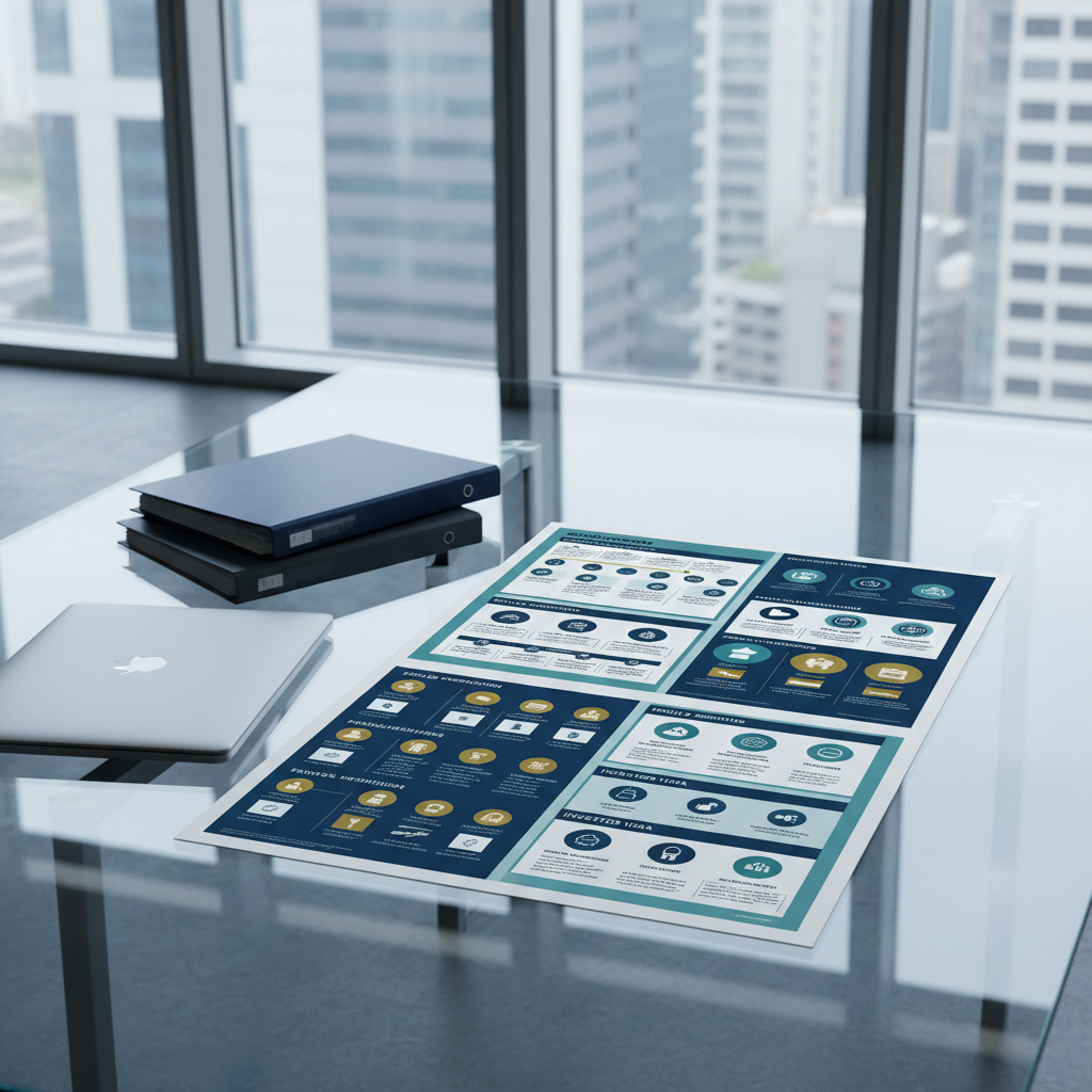 A large, minimalist glass office table with a high-resolution printed infographic spread across it, illustrating step-by-step pathways to Australian permanent residency using clear icons, arrows, and timelines in navy, teal, and soft gold tones. A closed silver laptop and neatly stacked legal folders sit nearby, all aligned with precision. Cool, diffused daylight from a floor-to-ceiling window illuminates the scene, casting subtle reflections in the glass and crisp shadows along the graphic’s edges. Captured from a slightly elevated angle with sharp focus throughout, the composition follows the rule of thirds. The atmosphere is professional, structured, and informative, with photographic realism and a clean corporate style that communicates clarity and guidance in migration processes.